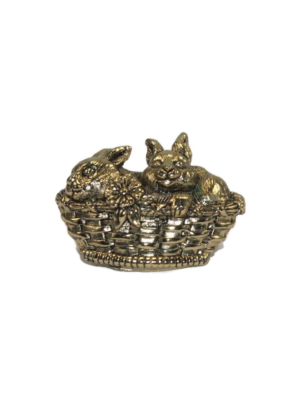 Vintage Gold Tone Bunnies and Flower in Easter Basket Pin.